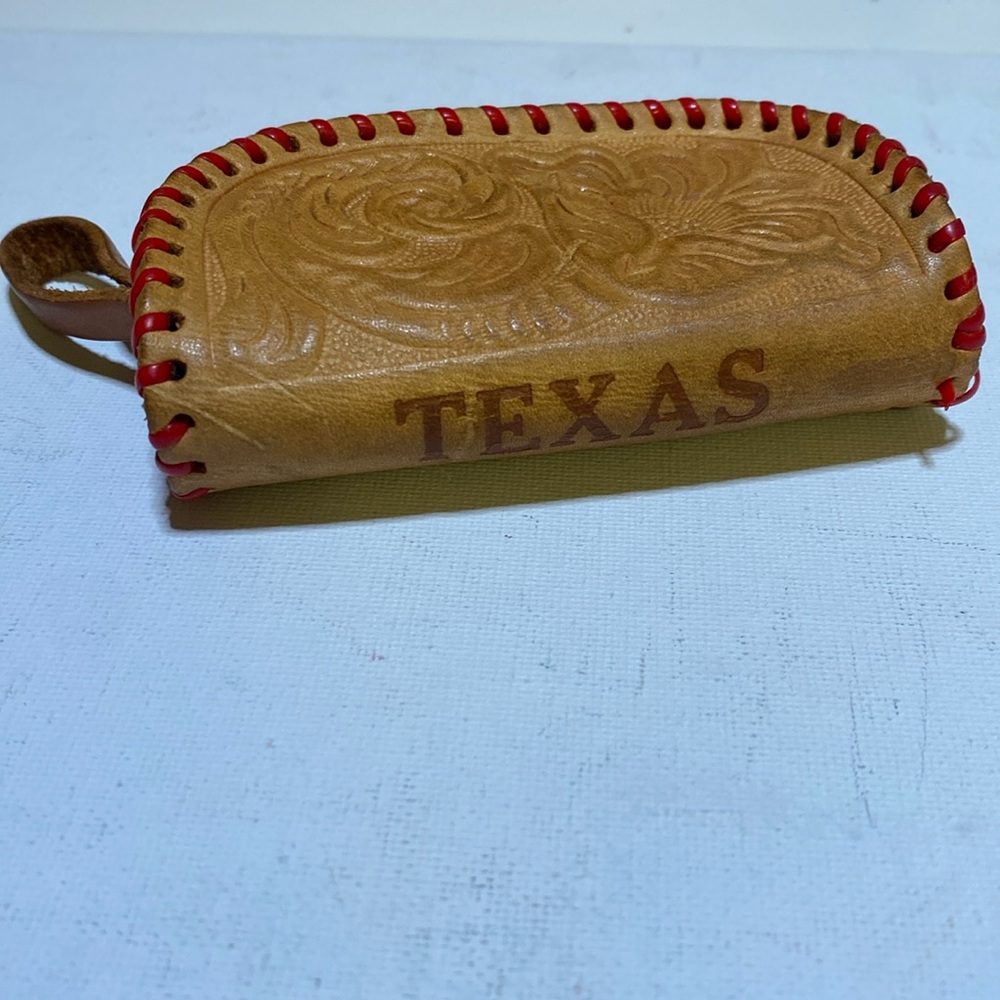 Texas hand tooled leather tan and red coin purse with zipper